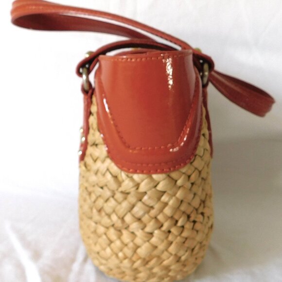 Medium Michael Kors Orange Patent Leather & Straw Tote Handbag Purse - Picture 4 of 13